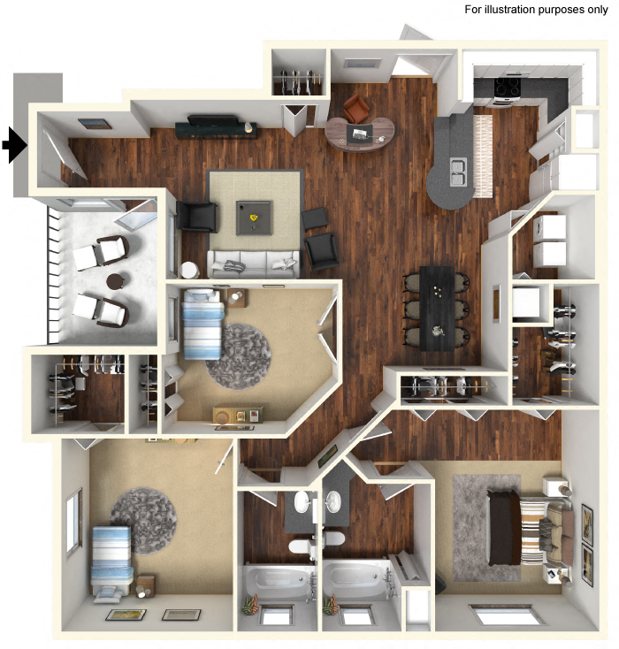 Floor plan for 3 beds, 2 baths, 1407 sqft